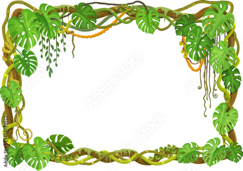 Tropical forest liana frame with jungle plants and monstera leaves. Cartoon vector background with thickets, tree branches and vines, foliage or green grass. Game rainforest flora, border template