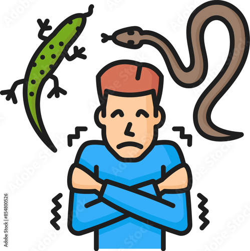 Human mental anxiety, psychology problem, herpetophobia phobia health thin line color icon. People psychology, reptiles phobia fear mental problem line vector sign with man scared of lizard and snake