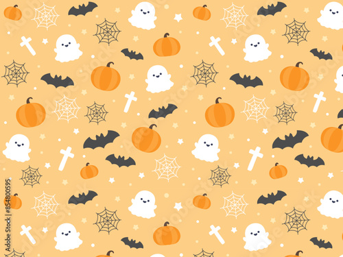 ハロウィンのパターン素材、かわいいカボチャやコウモリの模様のシームレスな壁紙