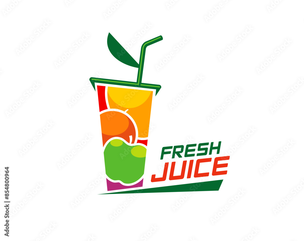 Fresh juice icon for fruit mix drink or smoothie label in cup with drinking straw, vector emblem. Natural organic juice drink of fresh apple, orange and citrus vitamin in smoothie cup for bio beverage Fresh juice icon for fruit mix drink or smoothie label in cup with drinking straw, vector emblem. Natural organic juice drink of fresh apple, orange and citrus vitamin in smoothie cup for bio beverage