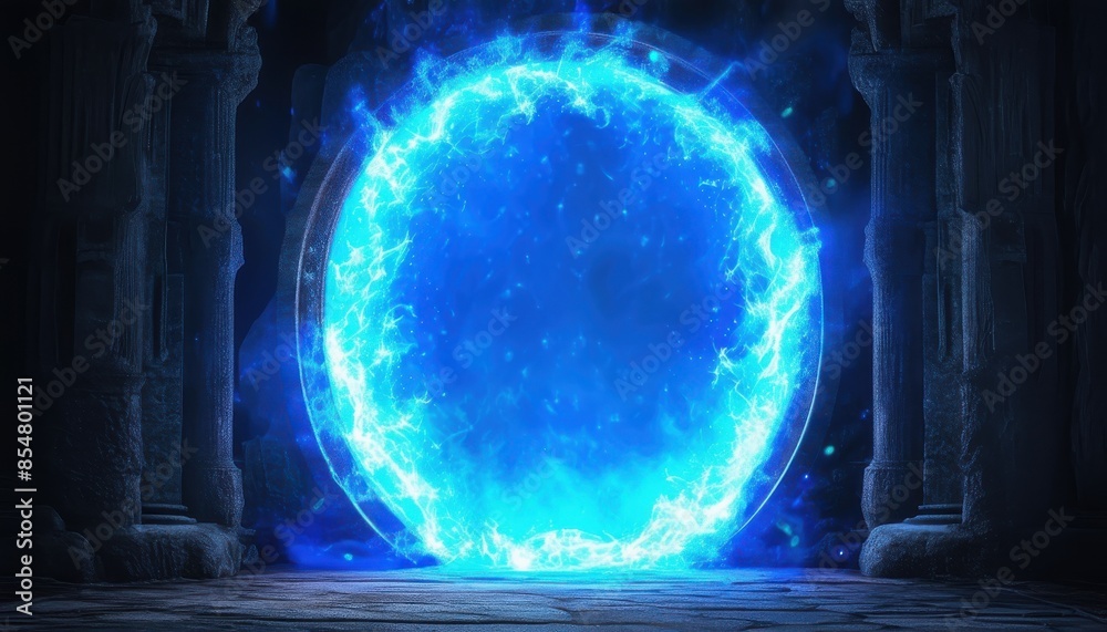 Mysterious glowing blue portal in a dark, ancient stone structure ...