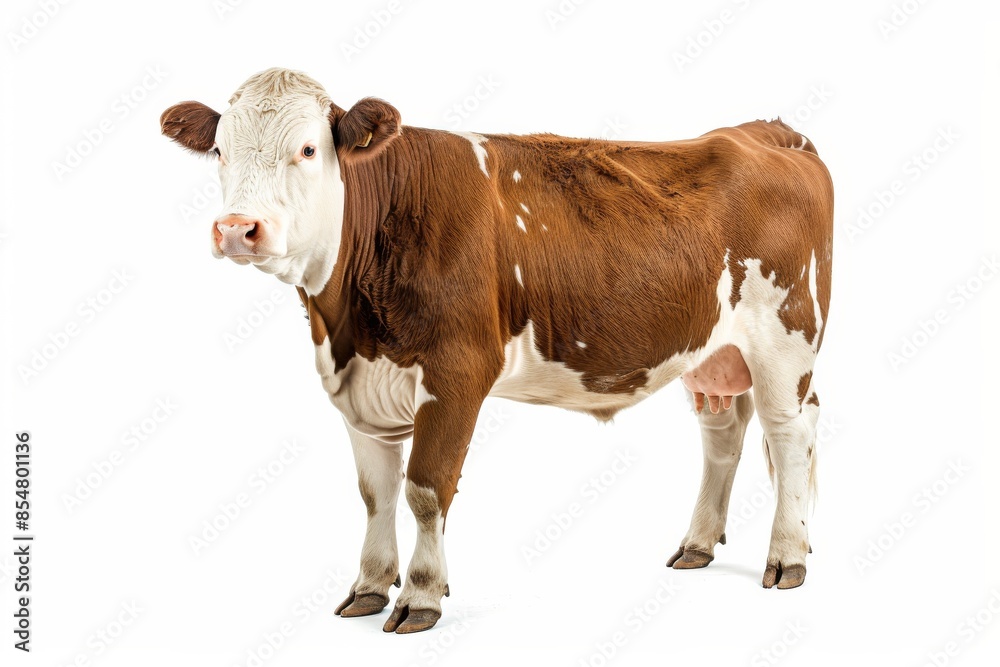 the beside view Hereford Cow standing, left side view, white copy space on right isolated on white background