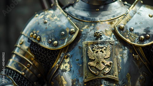 Close-up of a medieval knight in shining armor with a heraldic crest.