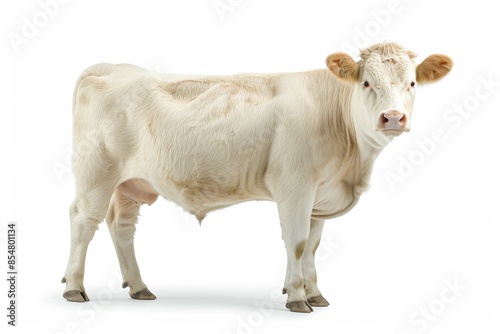 the beside view Charolais Cow standing, left side view, white copy space on right isolated on white background
