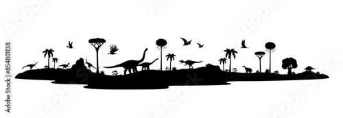 Prehistoric dinosaur silhouettes, isolated vector black panoramic scene of Jurassic era landscape with dino spices shadows, flying pterosaurs and towering sauropods, exotic trees and rugged terrain