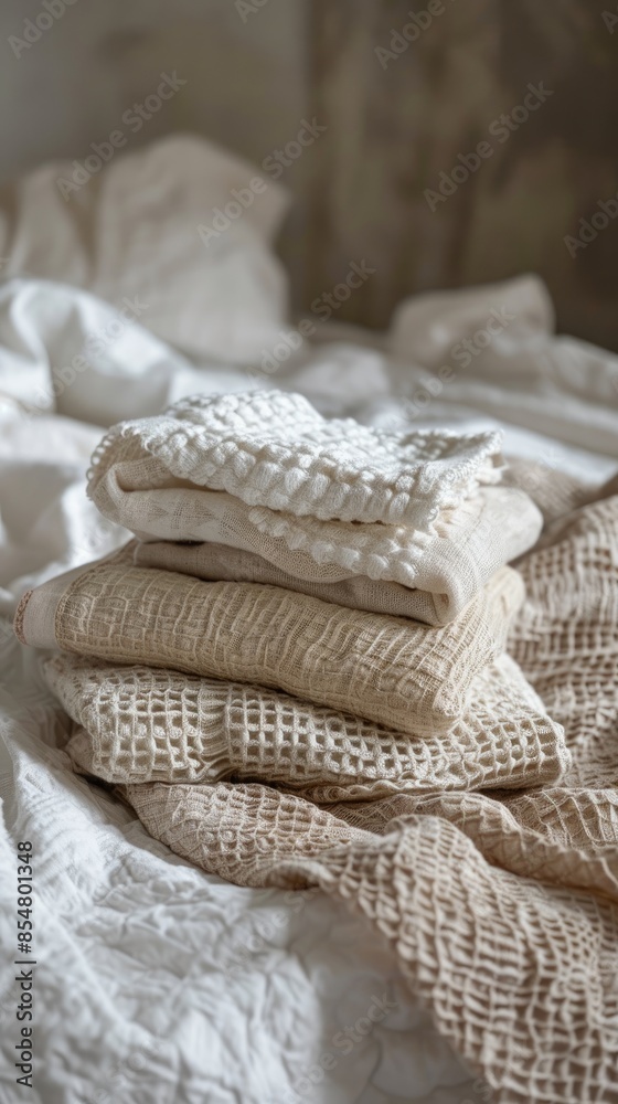 neatly stacked clean towels on a bed, including a checkered patterned towel and a white knit blanket, with a soft pillow against a simple backdrop. neatly stacked clean towels on a bed, including a checkered patterned towel and a white knit blanket, with a soft pillow against a simple backdrop.