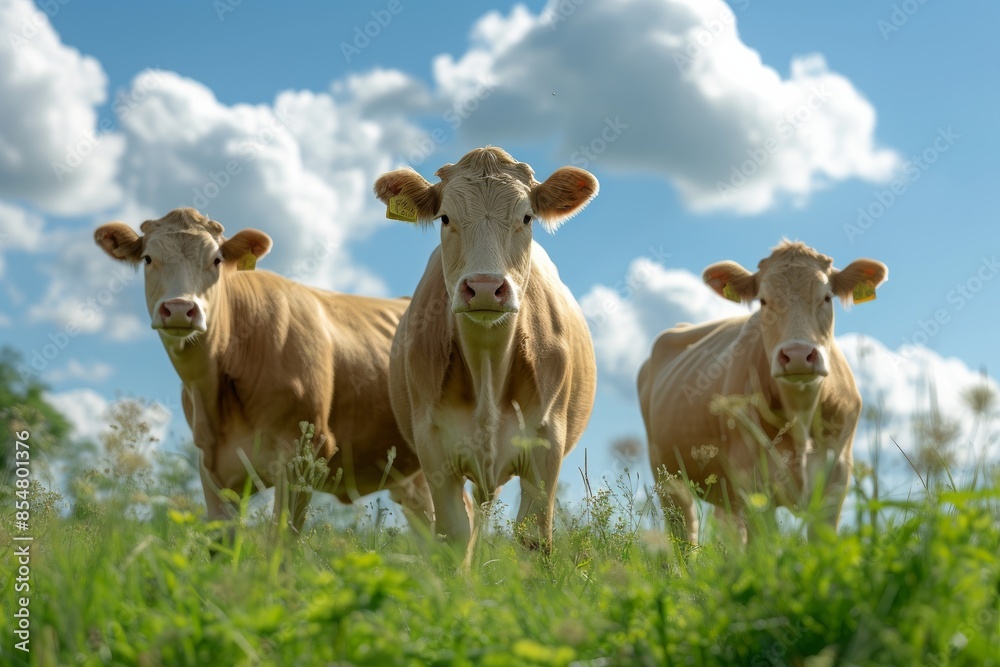 View from beside body of a three Charolais Cow standing on grass, Awe-inspiring, Full body shot ::2 low Angle View View from beside body of a three Charolais Cow standing on grass, Awe-inspiring, Full body shot ::2 low Angle View