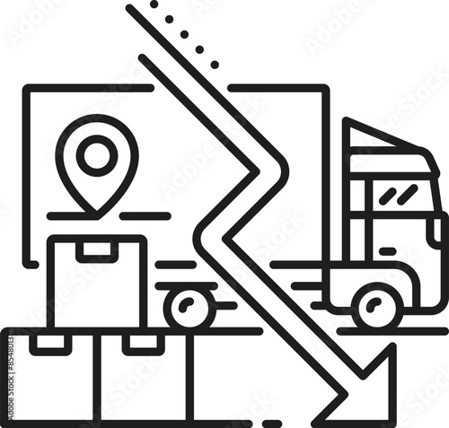 Economic crisis line icon of freight traffic decrease and commercial economy downturn, vector symbol. Logistics business recession icon of freight truck, parcels and arrow down for financial crisis