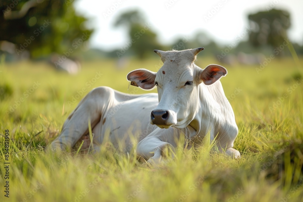 view from side body of a Brahman Cows sleep on grass, Awe-inspiring, Full body shot ::2 Side Angle View