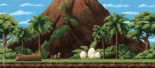 8 bit pixel game tropical forest landscape, volcano mountain and dinosaur eggs, vector background. Jurassic park or dinosaur island landscape in 8bit pixel for arcade game level of mountain and palms