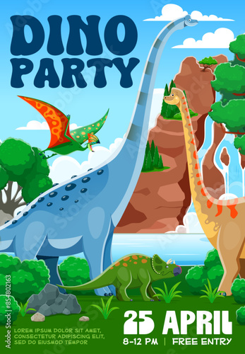 Kids dino party flyer, cartoon prehistoric dinosaurs in jurassic landscape. Vector invitation poster template for children event celebration promotion with funny tapejara, titanosauria, brachiosaurus