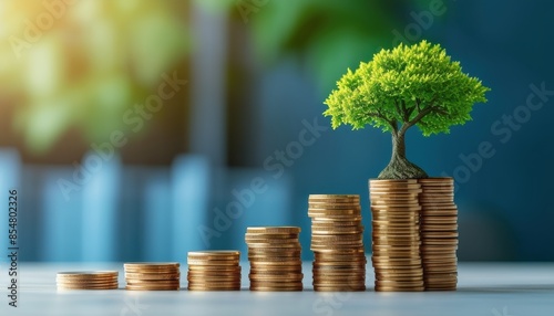 A small tree growing atop stacks of coins signifies financial growth, investment, and savings in a conceptual colorful background.