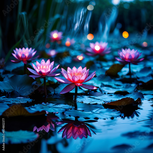 AI-generated lotus flowers in the pond with Electrophotographic and Kirlian effect photo