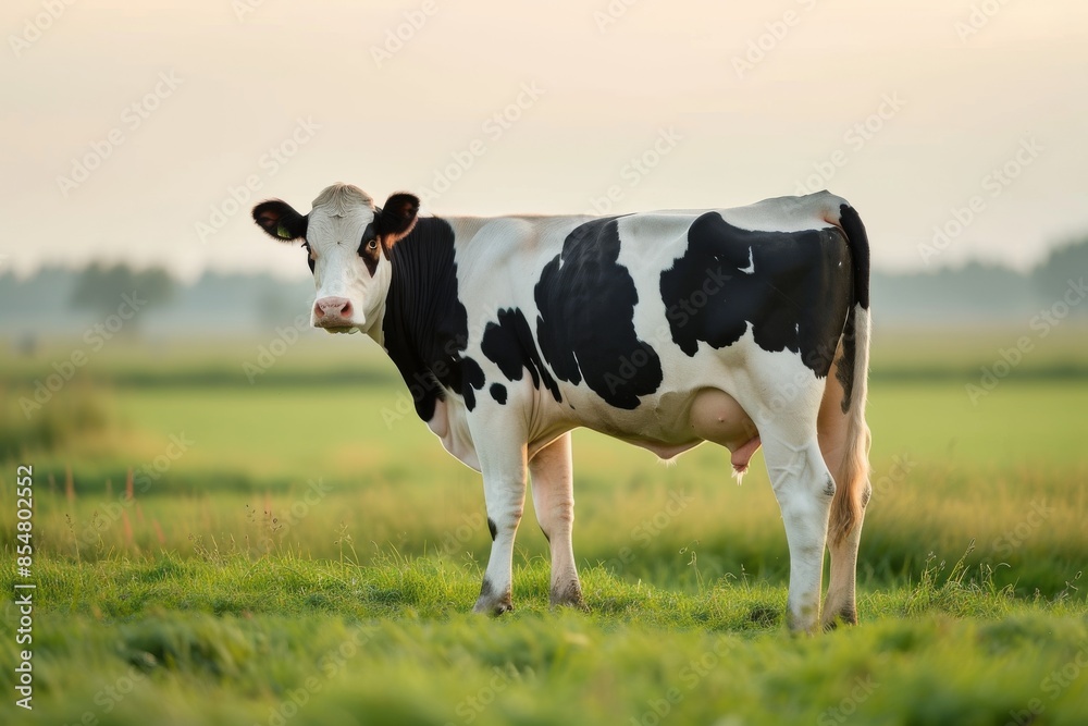 View from side body of a family Holstein Cow standing on grass, Awe-inspiring, Full body shot ::2 Side Angle View