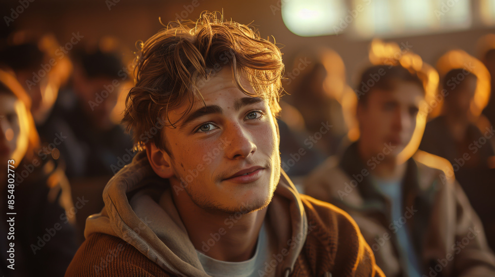 Portrait of a young man in a student audience sitting at a table at a lecture. Smiling student on a couple at the university. Communication and learning concept. Portrait of a young man in a student audience sitting at a table at a lecture. Smiling student on a couple at the university. Communication and learning concept.