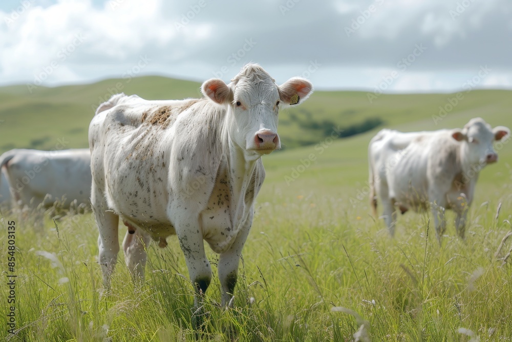 View from side body of a three Charolais Cow standing on grass, Awe-inspiring, Full body shot ::2 Side Angle View View from side body of a three Charolais Cow standing on grass, Awe-inspiring, Full body shot ::2 Side Angle View