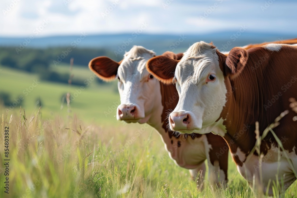 View from side body of a three Hereford Cow standing on grass, Awe-inspiring, Full body shot ::2 low Angle View View from side body of a three Hereford Cow standing on grass, Awe-inspiring, Full body shot ::2 low Angle View