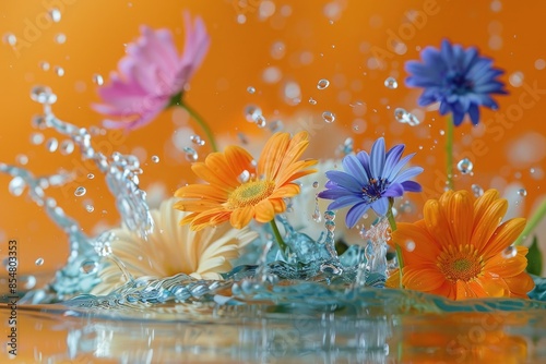 Summer flowers in splashes of water on a yellow background. Daisies, chrysanthemums, cornflowers fall into water. Flowers under water. Plant. Drops photo
