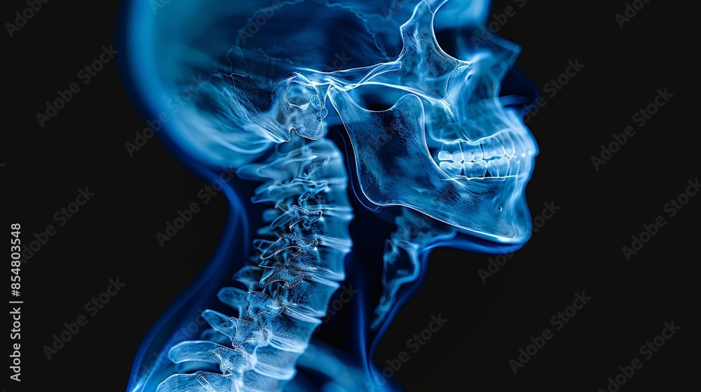 A digital illustration of a human skull and cervical spine in a blue hue. The image is set against a black background. A digital illustration of a human skull and cervical spine in a blue hue. The image is set against a black background.