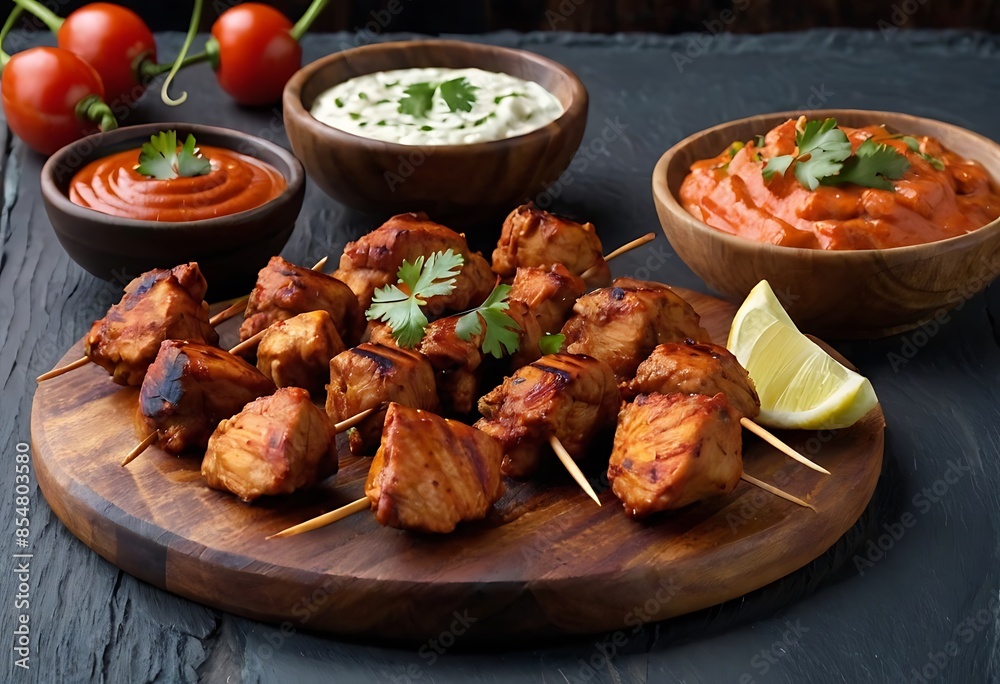 Fototapeta premium Chicken tikka kebabs, marinated in spices and yogurt then roasted in tandoor or barbeque