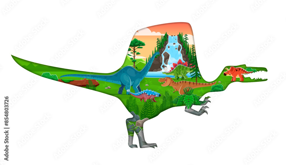 Obraz premium Paper cut dinosaur character 3d vector silhouette with tyrannosaurus, arrhinoceratops, ankylosaurus and brontosaurus dino species at prehistoric landscape with waterfall, mountains and lush greenery