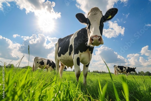 View from side body of a three Holstein Cow standing on grass, Awe-inspiring, Full body shot ::2 low Angle View