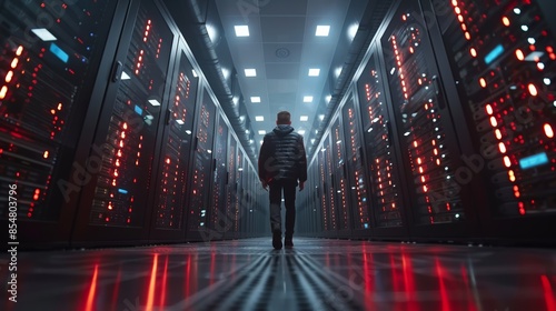 A lone figure walks through a futuristic data center, bathed in the glow of server racks and red lights. © admin_design