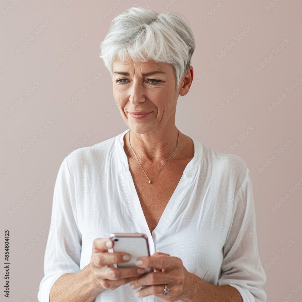 Elderly woman with gray hair video calling on smartphone, modern lifestyle, pastel background Elderly woman with gray hair video calling on smartphone, modern lifestyle, pastel background