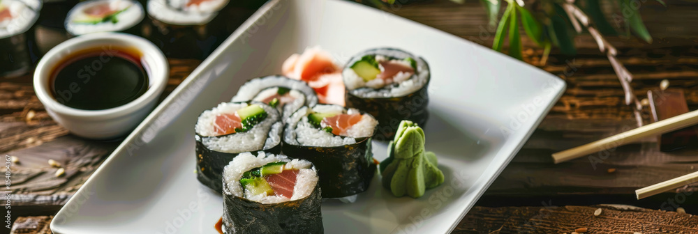 A plate of sushi with a dipping sauce and chopsticks A plate of sushi with a dipping sauce and chopsticks