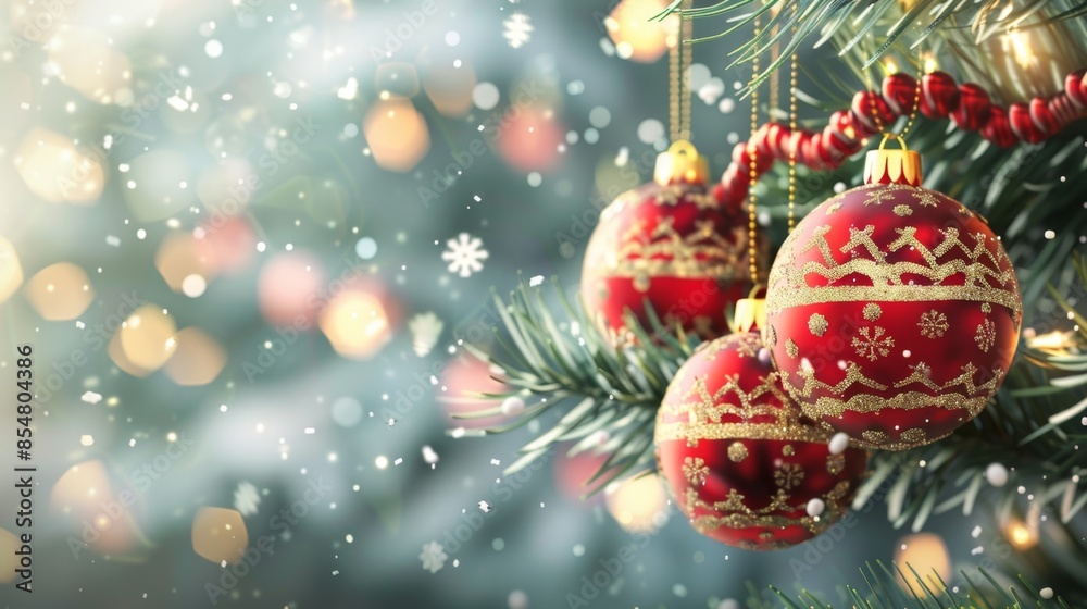 Christmas Tree Decoration with Red Ornaments and Snowfall, Generative AI Christmas Tree Decoration with Red Ornaments and Snowfall, Generative AI