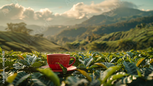 A red cup of coffee takes center stage amidst a panoramic coffee plantation and towering mountains. Ultra-realistic worm's eye perspective. #coffee #plantation #mountains #ultrarealistic #wormseyeview photo