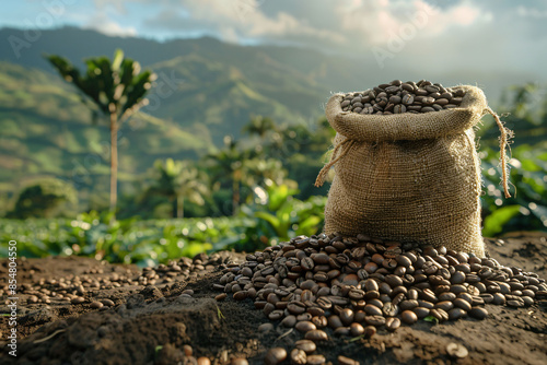 Coffee bean bag in focus. A high-quality photo of a coffee bean bag with a blurred coffee plantation background.