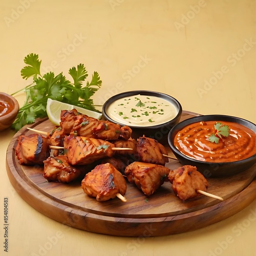 Chicken tikka kebabs, marinated in spices and yogurt then roasted in tandoor or barbeque photo