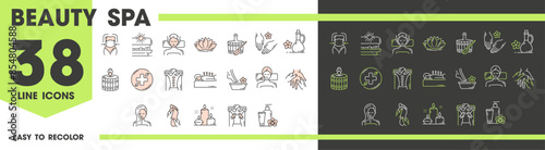 Beauty SPA, face skin and body health care massage, vector line icons. SPA salon procedures icons of face beauty and skin treatment or foot massage, hand cream and body lotion, sauna and tanning