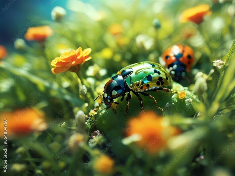A close-up photo of a vibrant green beetle with black spots, standing on a leaf amidst a field of orange flowers A close-up photo of a vibrant green beetle with black spots, standing on a leaf amidst a field of orange flowers