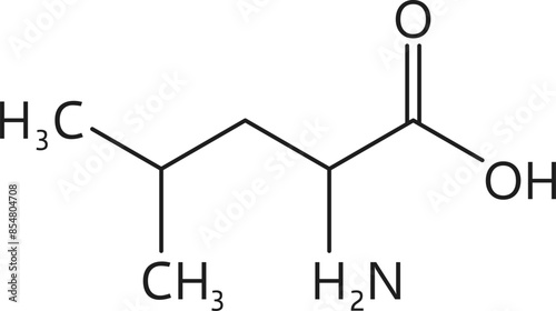 Amino acid chemical molecule of Leucine, molecular formula and structure chain, vector icon. Leucine essential amino acid of biosynthesis of protein for pharmacy medicine and health nutrition study