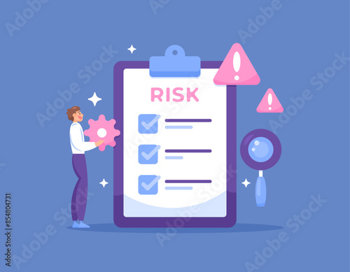 risk register concept. documents used for risk management. data and information. illustration of a man with a clipboard containing paper containing a risk list. illustration concept design. graphic 