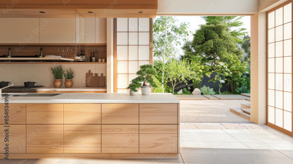 Fototapeta premium Elegant modern kitchen with a minimalist, Japanese-inspired design. Light wood cabinetry, white countertops, and shoji screens. Simple decor, potted plants, and large windows offering views of a Zen