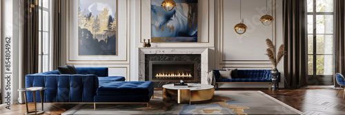 Elegant modern living room with a blend of classic and contemporary styles. Dark hardwood floors, a deep blue velvet sofa, and a marble fireplace. Gold accents in lighting fixtures and decorative