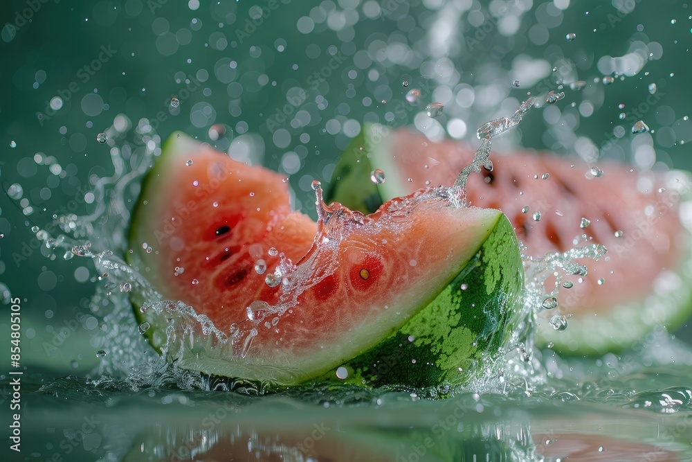 Watermelon in splashes of water on green background. A red watermelon with seeds falls into the water. Fruit. Vegetable Watermelon in splashes of water on green background. A red watermelon with seeds falls into the water. Fruit. Vegetable
