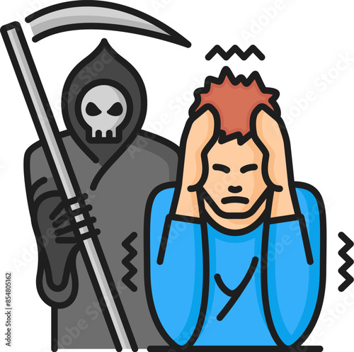 Thanatophobia phobia, mental health and anxiety psychology problem linear color icon. People psychology, phobia or fear of death, mental disorder outline vector symbol with scared man and Grim Reaper