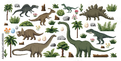 8 bit pixel art prehistoric dinosaurs, game asset. Vector pixelated set of ancient life and environment floral items in retro style. Dino spices, eggs, rocks, trees and bushes for gaming experience