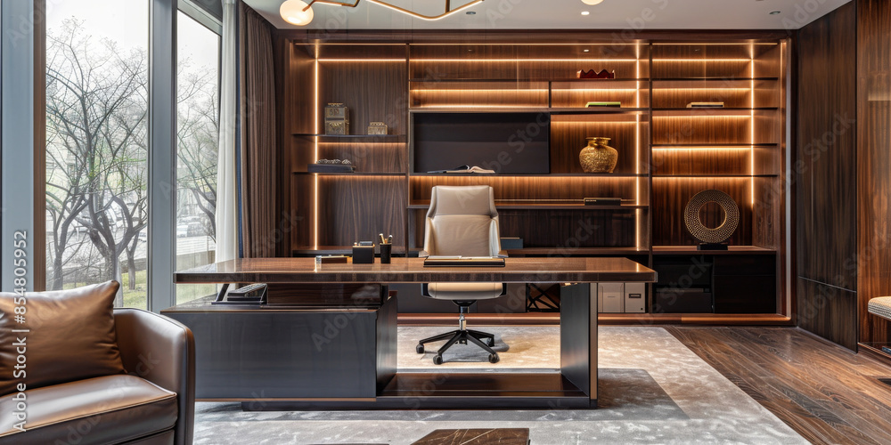 Luxurious modern work cabinet with a contemporary design. Dark wood desk, leather chair, glass shelving, and sleek lighting. Minimalist decor, large windows, and soft textiles.