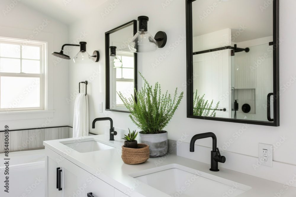 Minimalist modern bathroom with clean lines. White walls, black fixtures, and a floating vanity. Simple decor, large mirror, and potted plants. Minimalist modern bathroom with clean lines. White walls, black fixtures, and a floating vanity. Simple decor, large mirror, and potted plants.