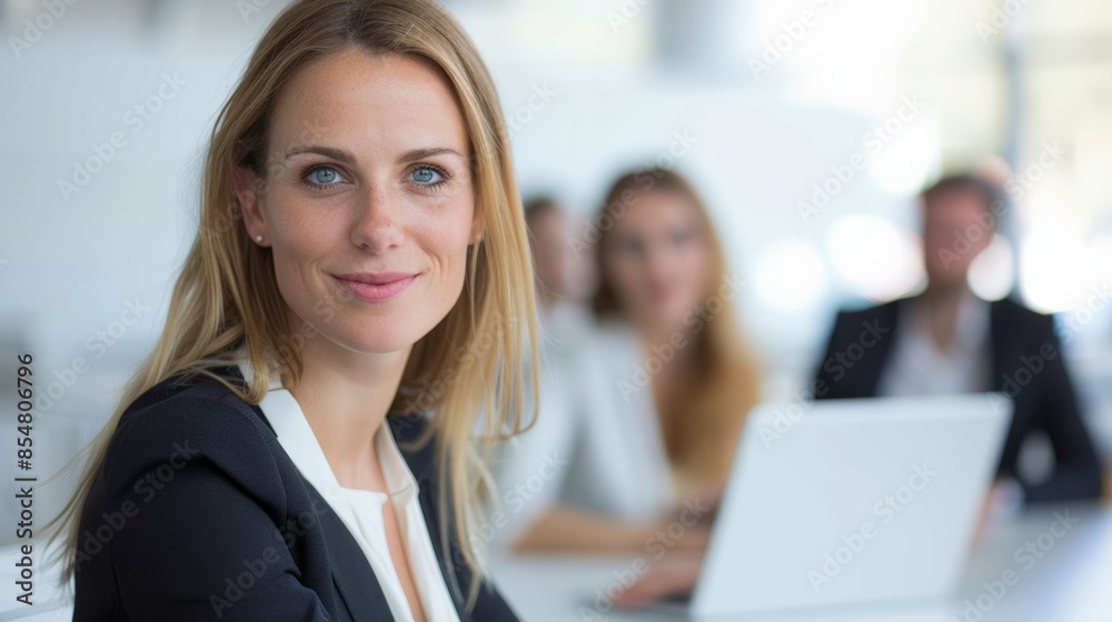 Confident businesswoman with colleagues in the background, focus on women in leadership roles within the corporate environment Confident businesswoman with colleagues in the background, focus on women in leadership roles within the corporate environment