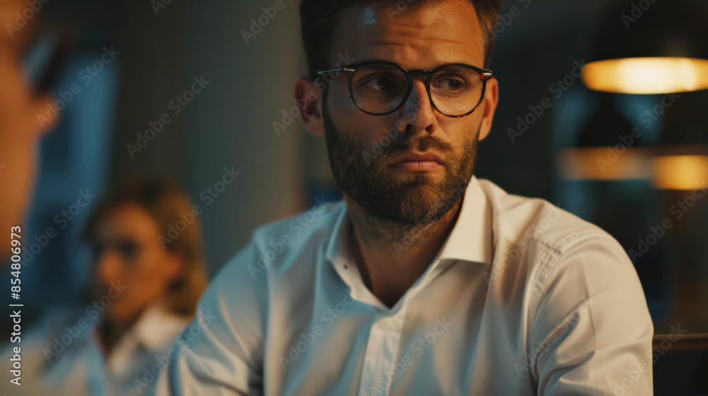 Focused businessman wearing glasses in a professional setting, deep in thought during a late-night meeting or discussion. Focused businessman wearing glasses in a professional setting, deep in thought during a late-night meeting or discussion.