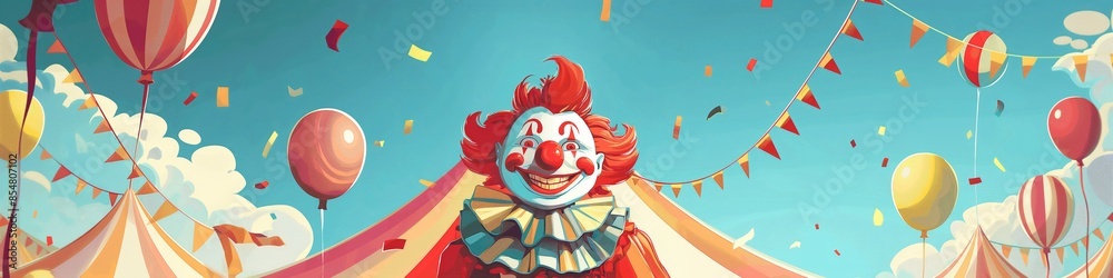 The funny clown, with a colorful costume and a big smile, brings joy and entertainment to the circus party with his playful humor and cheerful demeanor. The funny clown, with a colorful costume and a big smile, brings joy and entertainment to the circus party with his playful humor and cheerful demeanor.