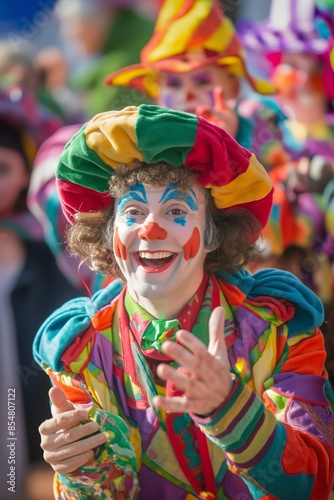 In the colorful carnival, a clown's whimsical costume and playful humor bring laughter and joy to the festival. © Andrii Zastrozhnov