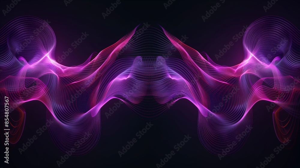 Abstract symmetrical digital art with two large purple wavy shapes on a black background. Abstract symmetrical digital art with two large purple wavy shapes on a black background.