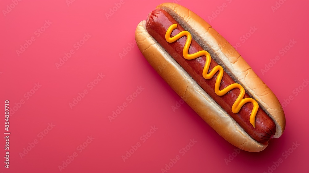 Classic Hotdog: A top view of a classic hotdog , isolated on a pink surface. Classic Hotdog: A top view of a classic hotdog , isolated on a pink surface.